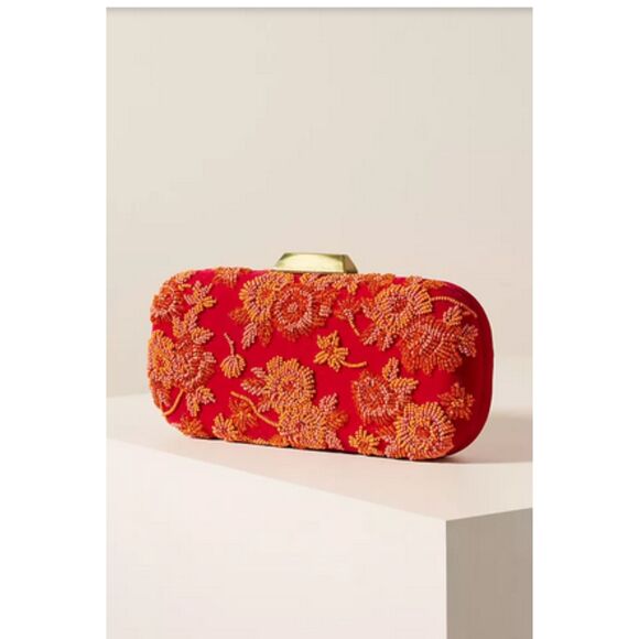 Red Orange Anthropologie Velvet Beaded Embroidered Crossbody Clutch Handbag, NWT - Picture 4 of 4